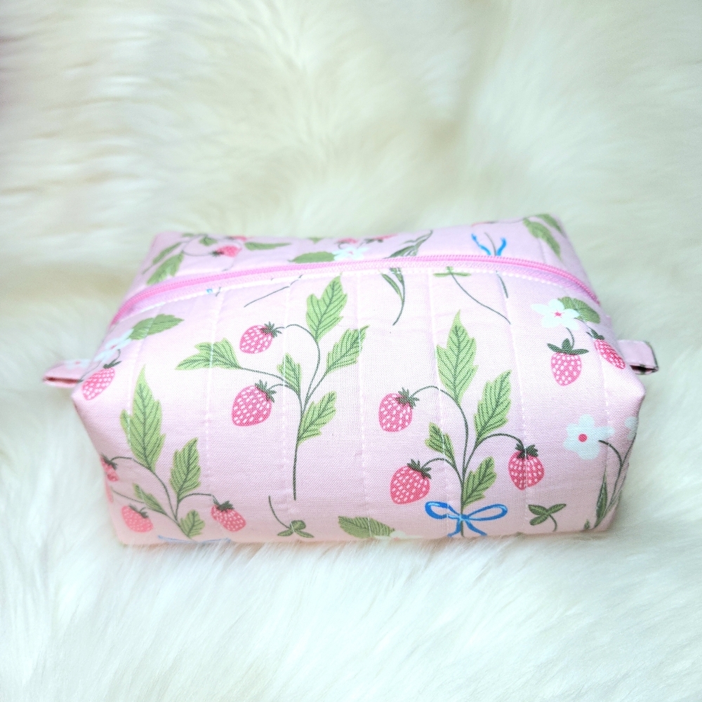 Handmade Quilted Boxy Pink Strawberries 100% Cotton Makeup Travel Lined